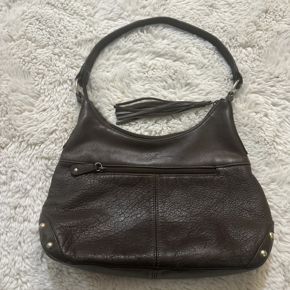 Vtg Stone Mountain Dark Brown Authentic Leather Tassle Bag Purse 8”x14”